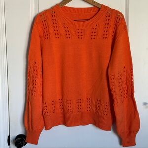 Women's Crew Neck Lace Knit Puff Sleeve Hollow Pullover Sweater Tops Size M